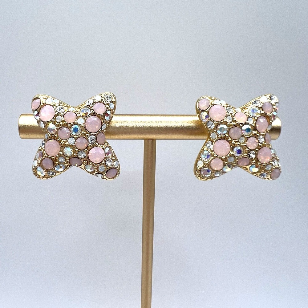 Swarovski Swan Gold Tone Pave Pink AB Rhinestones Clip On Earrings Xs Kisses Vtg